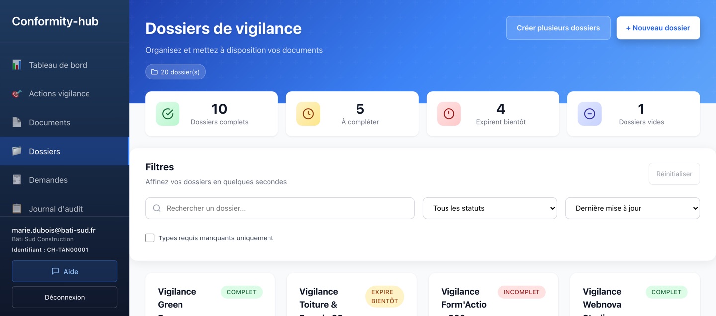 Vue Dossiers de vigilance avec 4 stats KPI, filtres et liste des dossiers